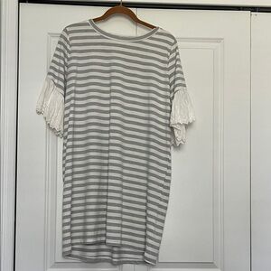 Striped Gray and White dress with Lace Sleeves size medium soft cotton